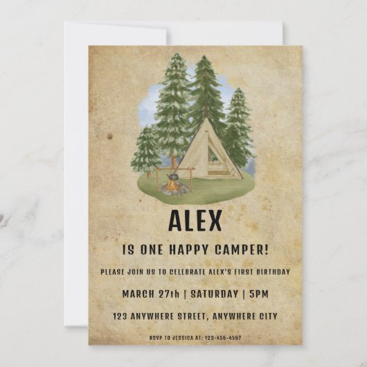 ワンハッピーキャンパーの最初の誕生日パーティーの招待 招待状 (正面)