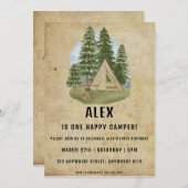 ワンハッピーキャンパーの最初の誕生日パーティーの招待 招待状 (正面/裏面)
