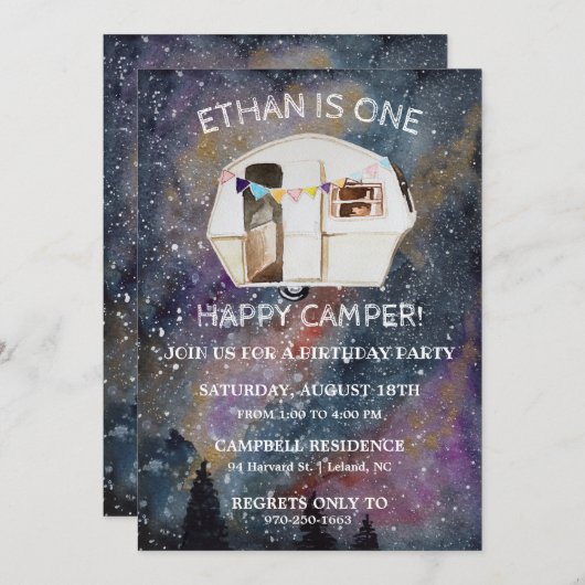 ワンハッピーキャンパーの最初の誕生日パーティー 招待状 (正面/裏面)