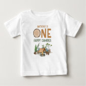ワンハッピーキャンパーウォーターカラーウッドランド1歳の誕生日 ベビーTシャツ (正面)