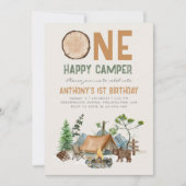 ワンハッピーキャンパーウォーターカラーウッドランド1歳の誕生日 招待状 (正面)