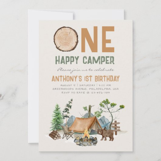 ワンハッピーキャンパーウォーターカラーウッドランド1歳の誕生日 招待状 (正面)