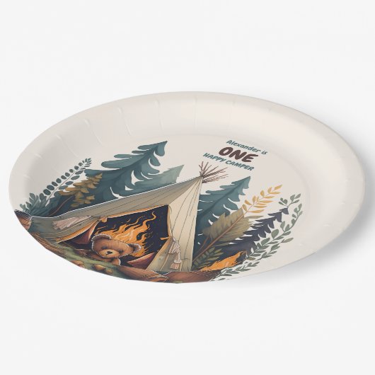 ワンハッピーキャンパーウッドボーイズ1st誕生日 ペーパープレート (アングル)