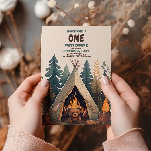 ワンハッピーキャンパーウッドボーイズ1st誕生日 招待状