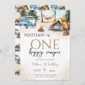 ワンハッピーキャンパーウッドランドファースト誕生日 招待状 (正面/裏面)