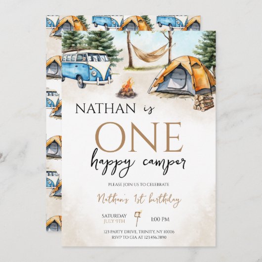 ワンハッピーキャンパーウッドランドファースト誕生日 招待状 (正面/裏面)