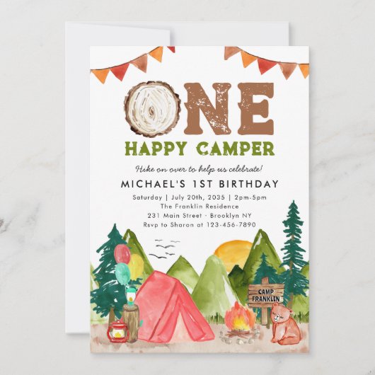 ワンハッピーキャンパーウッドランドベアーボーイズ1歳 招待状 (正面)