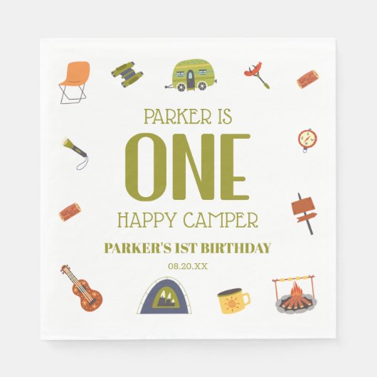 ワンハッピーキャンパーキャンピングファーストバースデーパーティー スタンダードランチョンナプキン (正面)