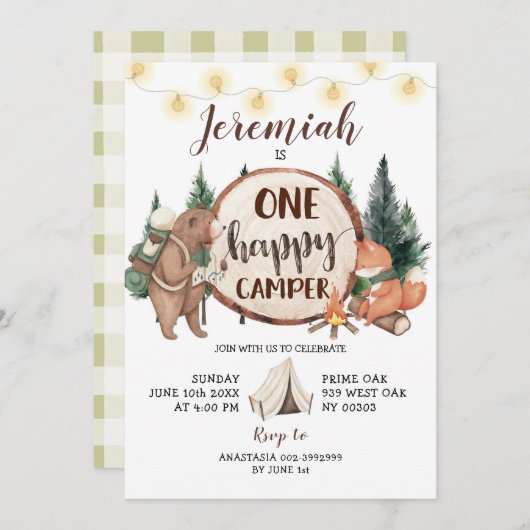 ワンハッピーキャンパーキャンピングファースト誕生日招待状 招待状 (正面/裏面)