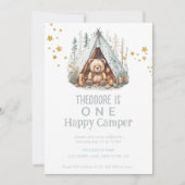 ワンハッピーキャンパーキュートウッドランドベア誕生日招待客 招待状 (正面)