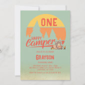 ワンハッピーキャンパーグリーン誕生日招待状 招待状 (正面)