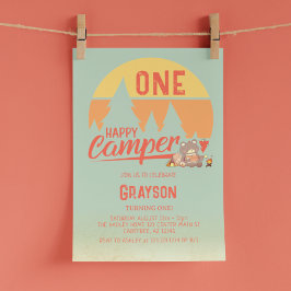 ワンハッピーキャンパーグリーン誕生日招待状 招待状