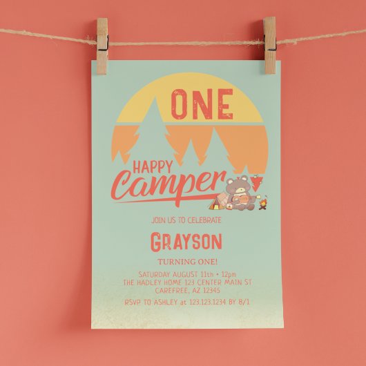 ワンハッピーキャンパーグリーン誕生日招待状 招待状
