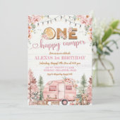 ワンハッピーキャンパーピンク素朴ガール誕生日 招待状 (スタンド正面)