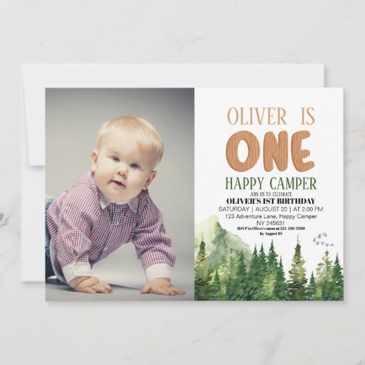 ワンハッピーキャンパーフォトフォレスト誕生日 招待状 (正面)
