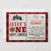 ワンハッピーキャンパーフランネルプレイド1歳の誕生日 招待状 (正面)