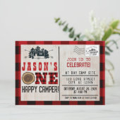 ワンハッピーキャンパーフランネルプレイド1歳の誕生日 招待状 (スタンド正面)
