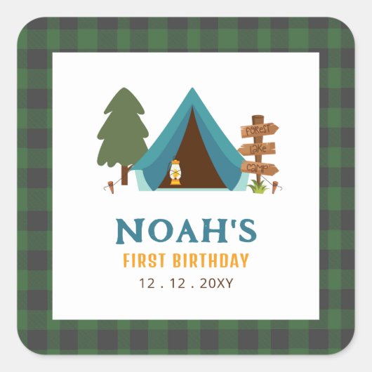 ワンハッピーキャンパーボーイズファースト誕生日 スクエアシール (正面)