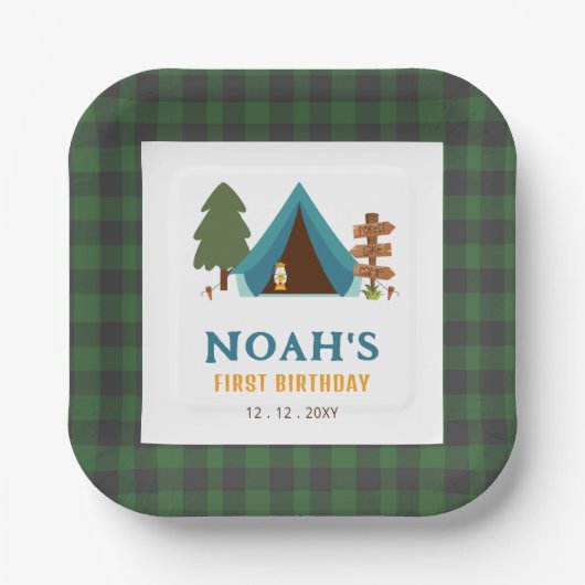 ワンハッピーキャンパーボーイズファースト誕生日 ペーパープレート (正面)