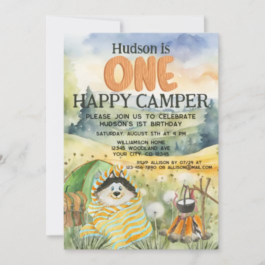 ワンハッピーキャンパーボーイズ第1回誕生日かわいい犬 招待状 (正面)