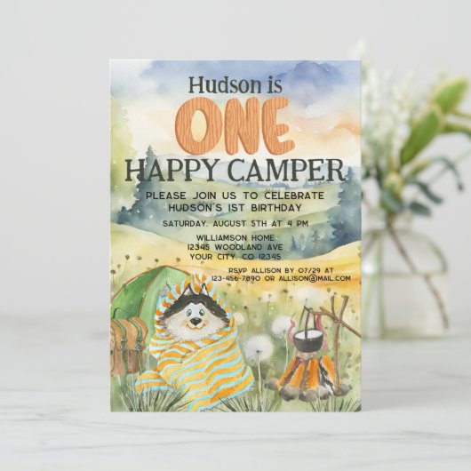 ワンハッピーキャンパーボーイズ第1回誕生日かわいい犬 招待状 (スタンド正面)