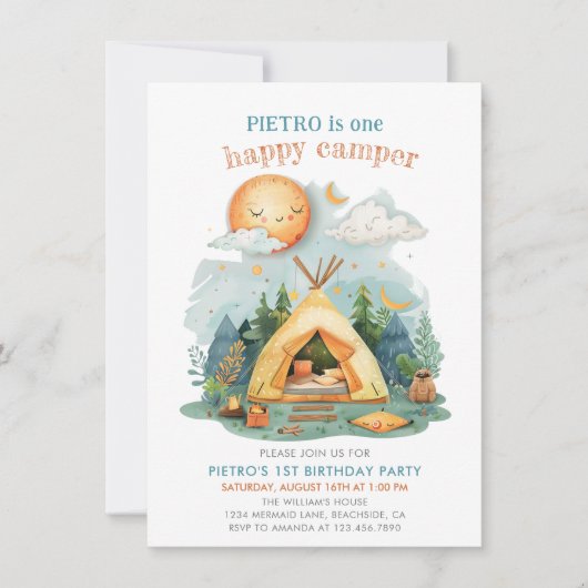 ワンハッピーキャンパーボーイズ1歳の誕生日招待状 招待状 (正面)