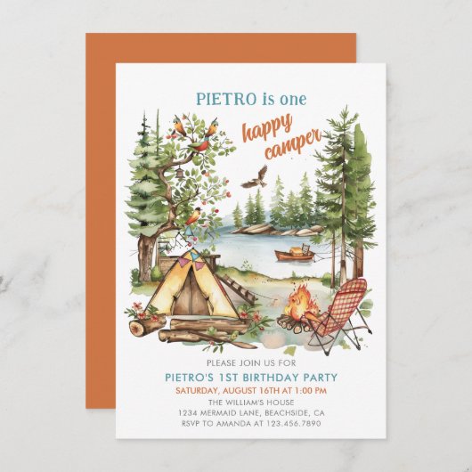 ワンハッピーキャンパーボーイズ1歳の誕生日招待状 招待状 (正面/裏面)