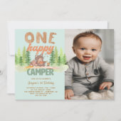 ワンハッピーキャンパーボーイフォト第1誕生日招待状 招待状 (正面)