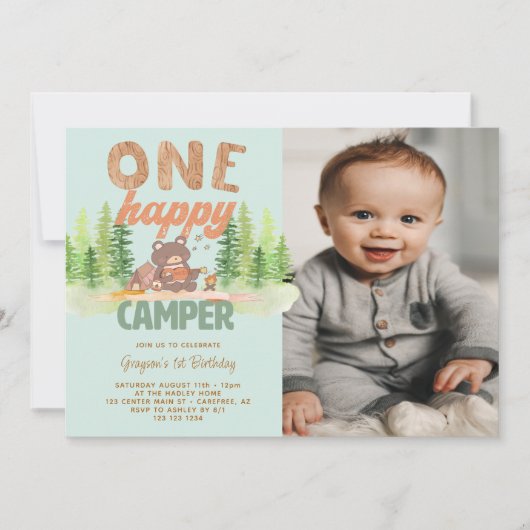 ワンハッピーキャンパーボーイフォト第1誕生日招待状 招待状 (正面)