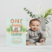 ワンハッピーキャンパーボーイフォト第1誕生日招待状 招待状 (スタンド正面)