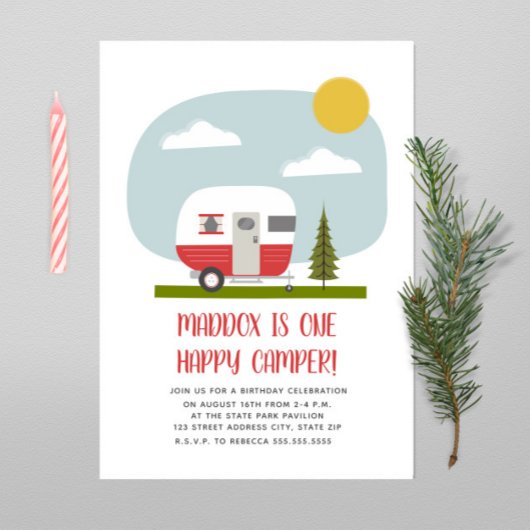 ワンハッピーキャンパーレッドトレーラー誕生日 招待状