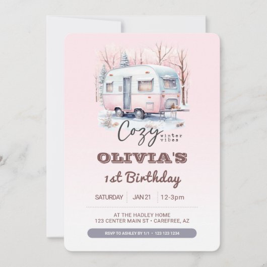 ワンハッピーキャンパー子供の誕生日写真 招待状 (正面)