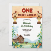 ワンハッピーキャンパー素朴ウッドランド1歳の誕生日 招待状 (正面)