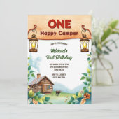 ワンハッピーキャンパー素朴ウッドランド1歳の誕生日 招待状 (スタンド正面)