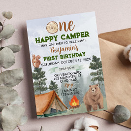 ワンハッピーキャンパー誕生日招待状ウッドランドベア 招待状