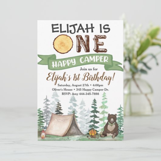ワンハッピーキャンパー誕生日招待状1st誕生日 招待状 (スタンド正面)