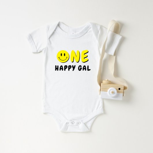 ワンハッピーギャル1stバースデーイエロースマイリー ベビーボディスーツ