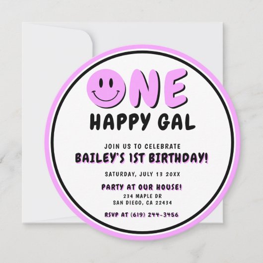 ワンハッピーギャル1st誕生日スマイリーフェイス 招待状 (正面)