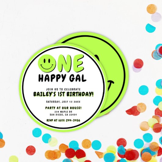 ワンハッピーギャル1st誕生日スマイリーフェイス 招待状