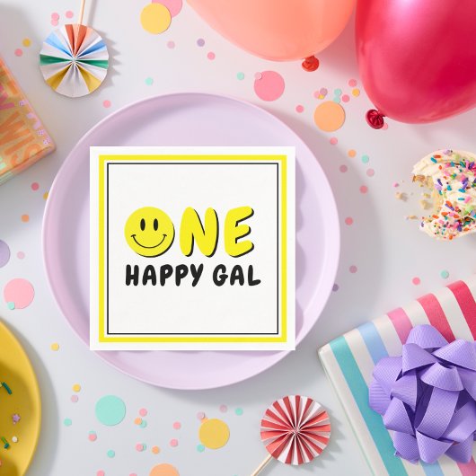 ワンハッピーギャル1st誕生日パーティーイエロースマイリー スタンダードカクテルナプキン
