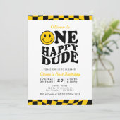 ワンハッピーダデイエローウェースマイル顔1st誕生日 招待状 (スタンド正面)