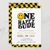 ワンハッピーダデイエローウェースマイル顔1st誕生日 招待状 (正面/裏面)