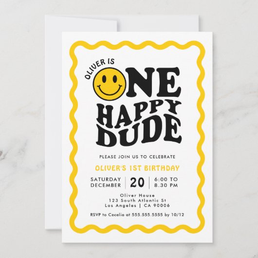 ワンハッピーダデイエローハピー顔ボーイ1st誕生日 招待状 (正面)