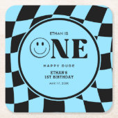 ワンハッピーダドハッピーダド顔ブルーボーイ1st誕生日 スクエアペーパーコースター (正面)