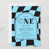 ワンハッピーダドハッピーダド顔ブルーボーイ1st誕生日 招待状 (正面)