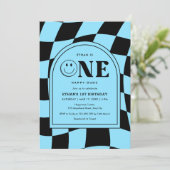 ワンハッピーダドハッピーダド顔ブルーボーイ1st誕生日 招待状 (スタンド正面)