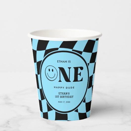 ワンハッピーダドハッピーダド顔ブルーボーイ1st誕生日 紙コップ (正面)