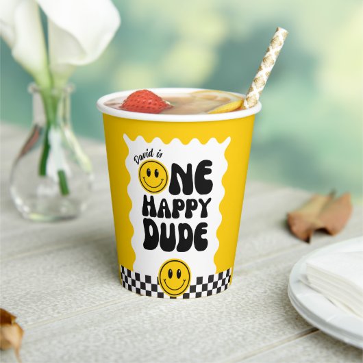 ワンハッピーダドハッピーハッピー顔波状第1誕生日 紙コップ (インサイチュ)