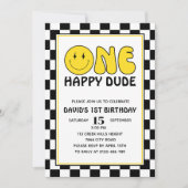 ワンハッピーダードハッピーハッピーエティ顔ボーイ誕生日レトロ 招待状 (正面)