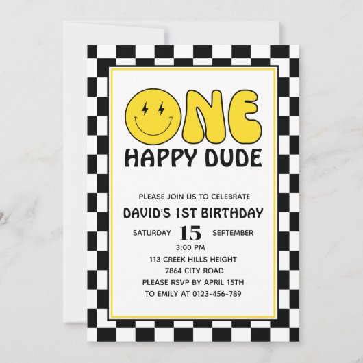 ワンハッピーダードハッピーハッピーエティ顔ボーイ誕生日レトロ 招待状 (正面)